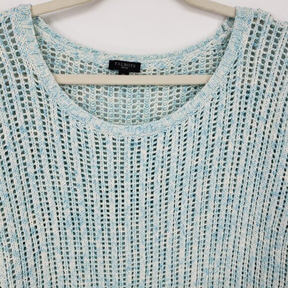 Talbots Open Knit Pointelle Sweater MP Cotton Scoop Neck Marled Aqua Blue White - Picture 6 of 7